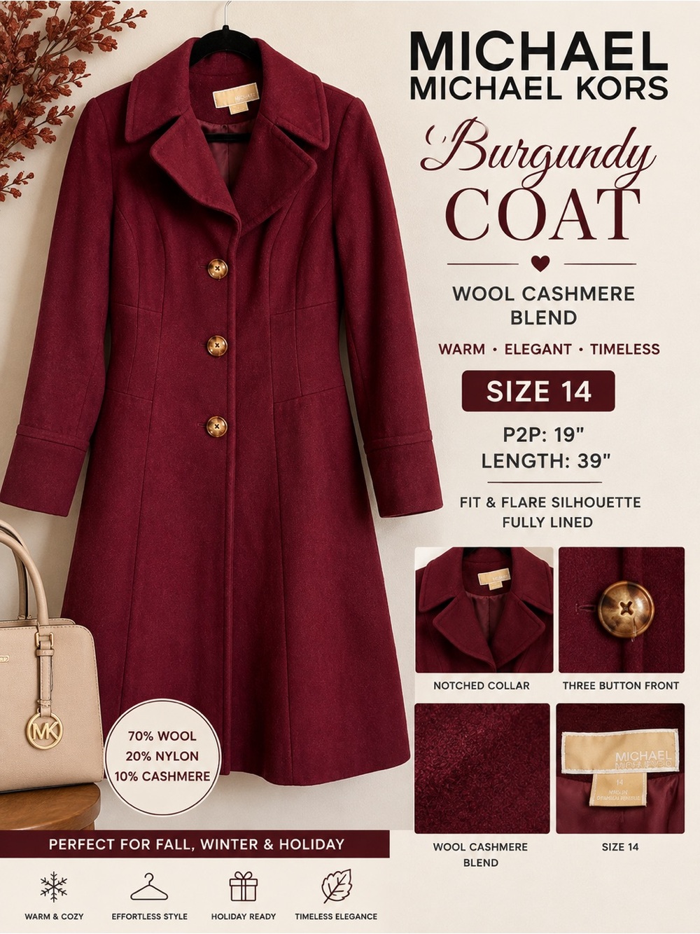 Michael Kors Size 14 Burgundy Wool Cashmere Blend Long Fit & Flare Coat